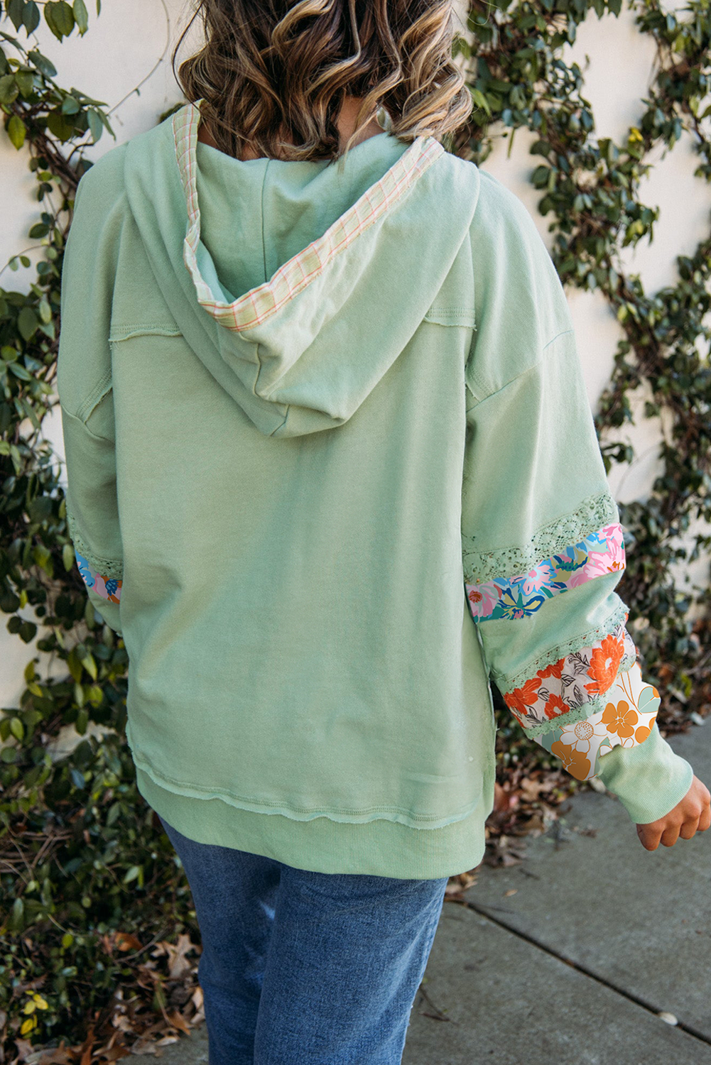 Clearly Aqua Lace Floral Patchwork Hooded Henley Top