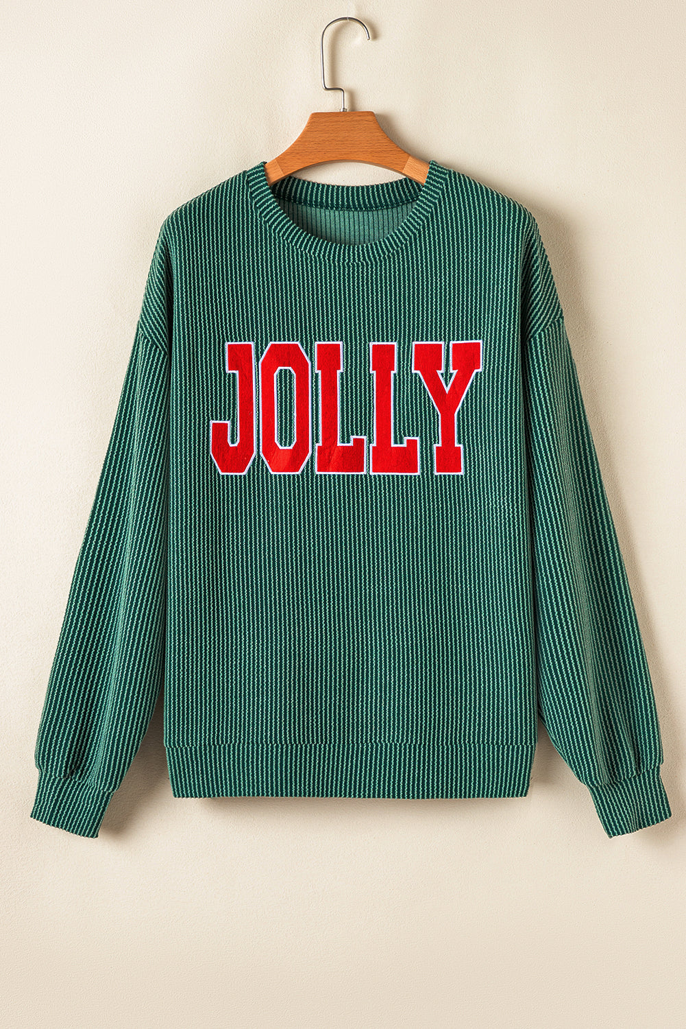 Evergreen Crinkle Rib JOLLY Pattern Long Sleeve Top and Pockets Pants Set