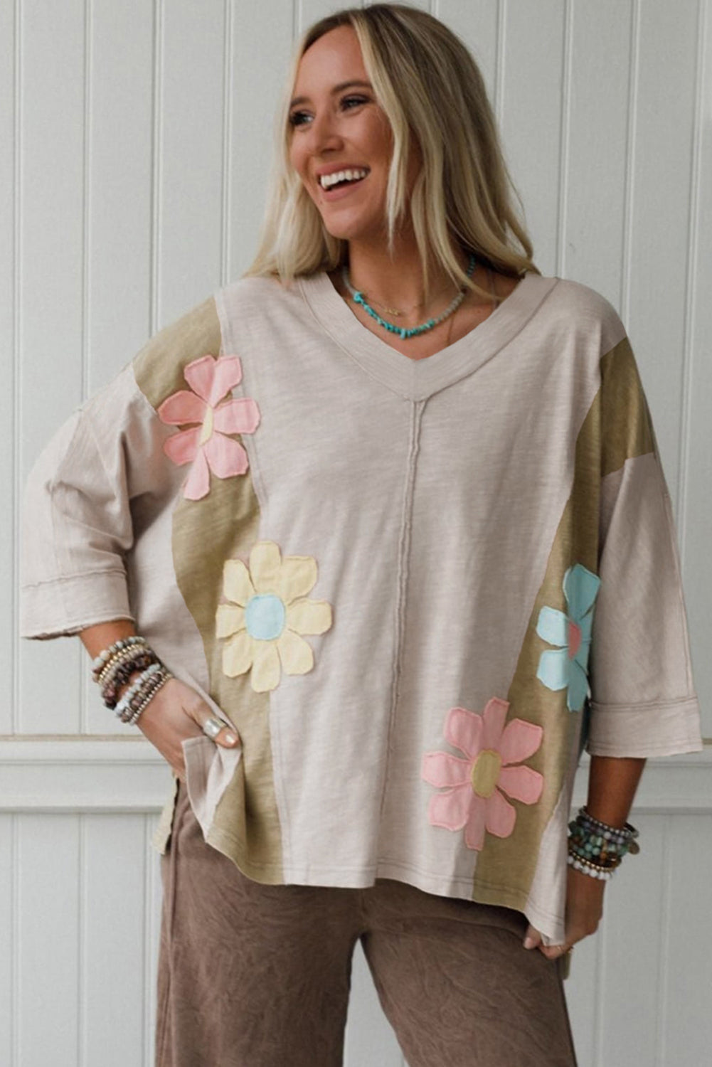 Green Flower Patched Exposed Seam 3/4 Sleeve top