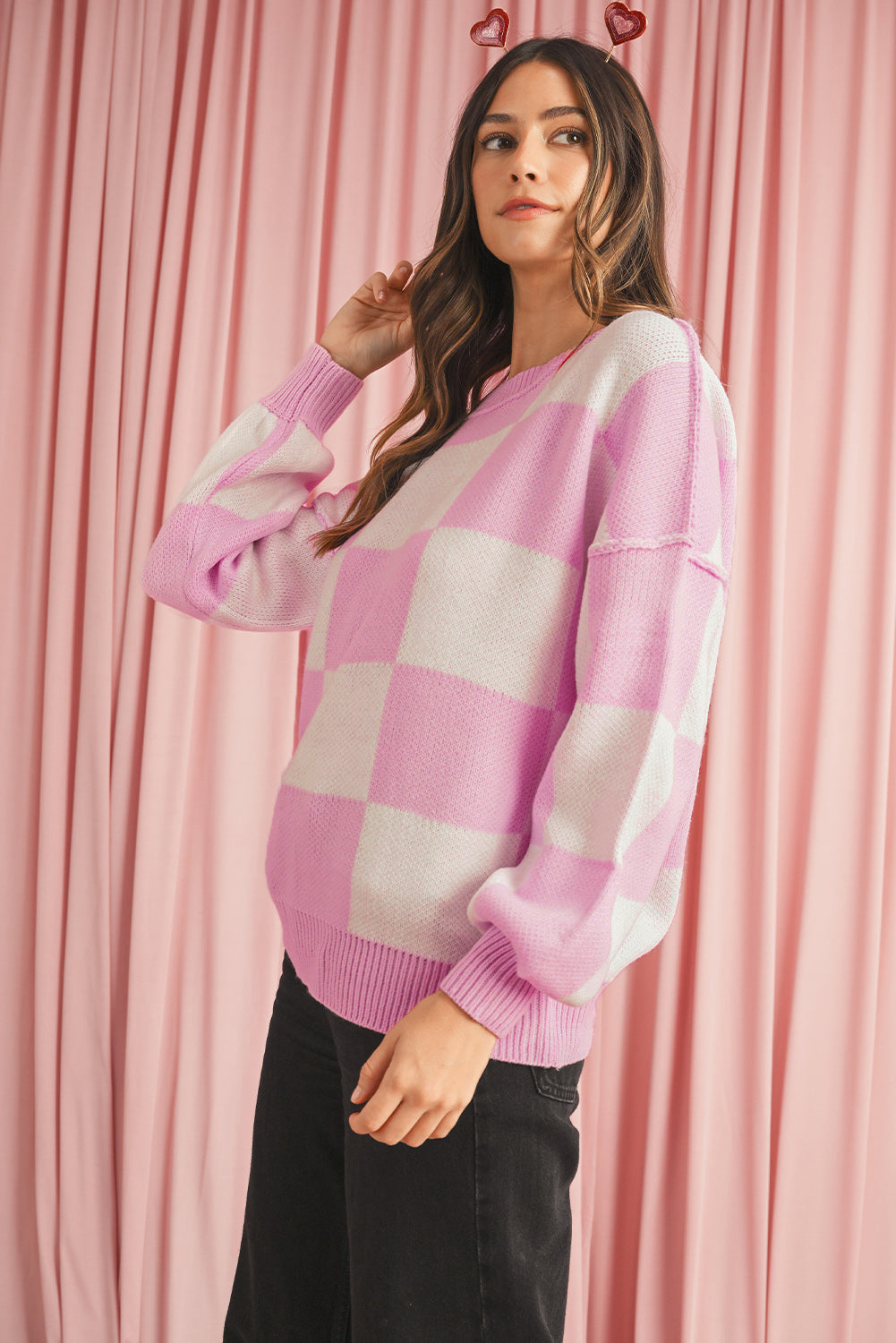 Pink Checked Bishop Sleeve Pullover Sweater