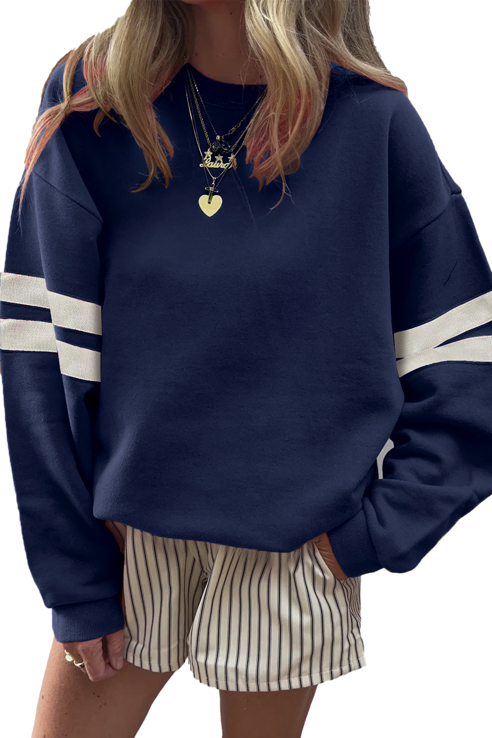 Black Preppy Striped Sleeve Loose Sweatshirt