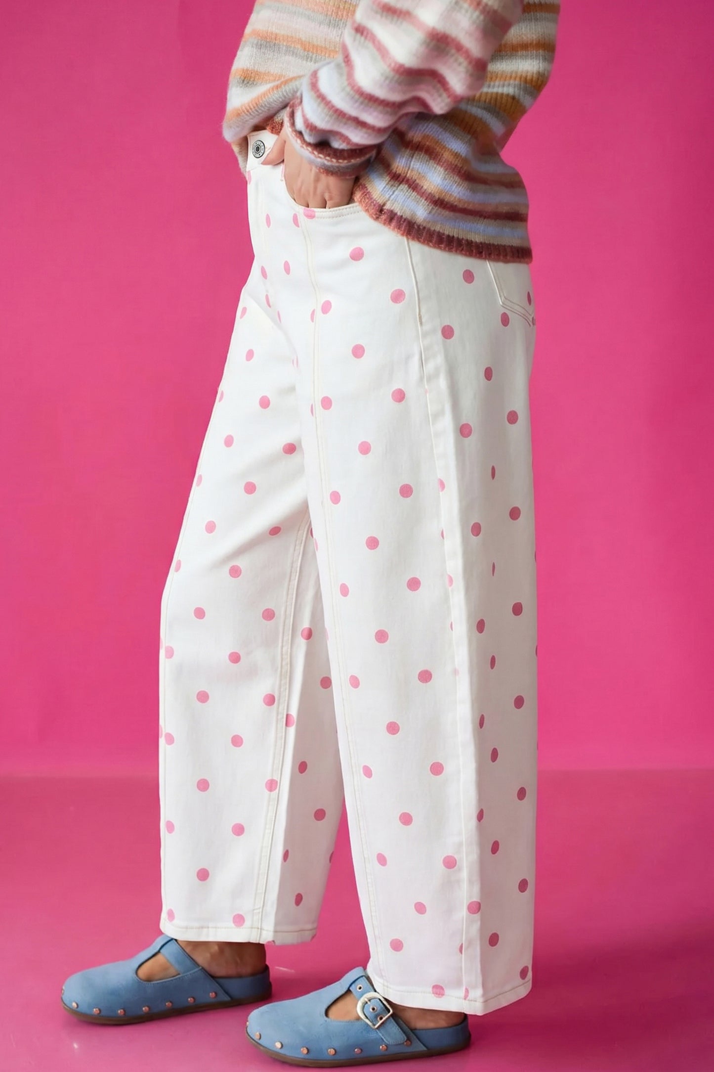 Brown Tailored Seam Polka Dot Print Barrel Casual Jeans