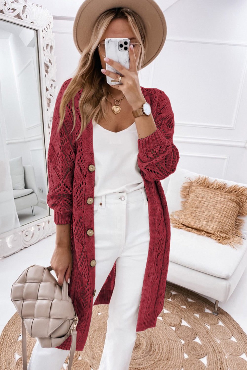 Red Button Up Hollow Out Loose Long Cardigan