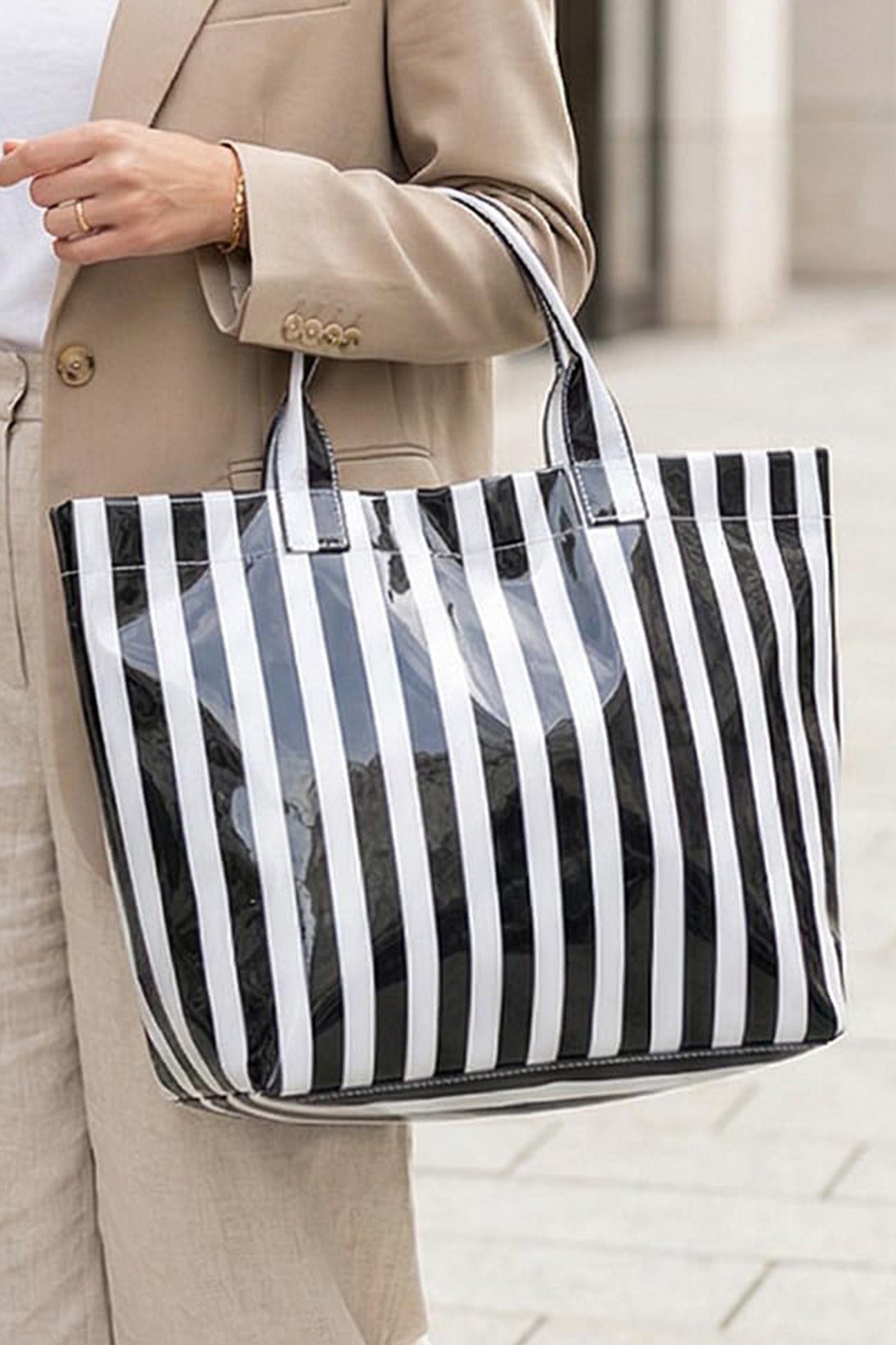 Pink Glossy Striped Vinyl Large Tote Bag