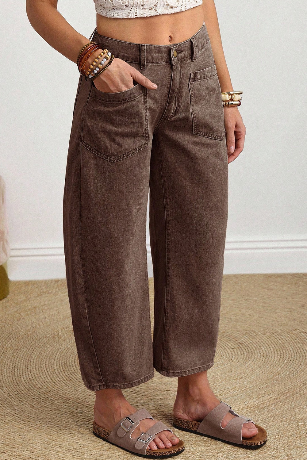 Beau Blue Solid Color Square Patch Pocket Ankle-length Barrel Jeans