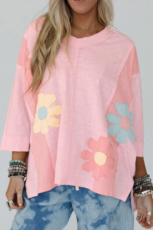 Pink Flower Patched Exposed Seam 3/4 Sleeve top
