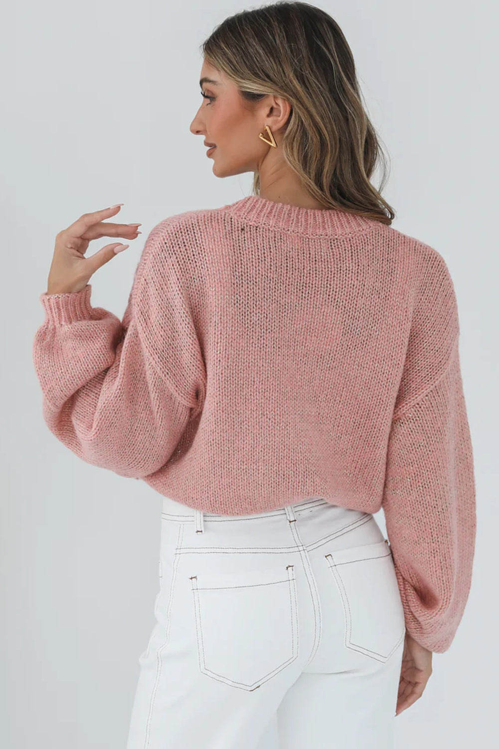 Peach Blossom Solid Color Big Flower Drop Shoulder Sweater