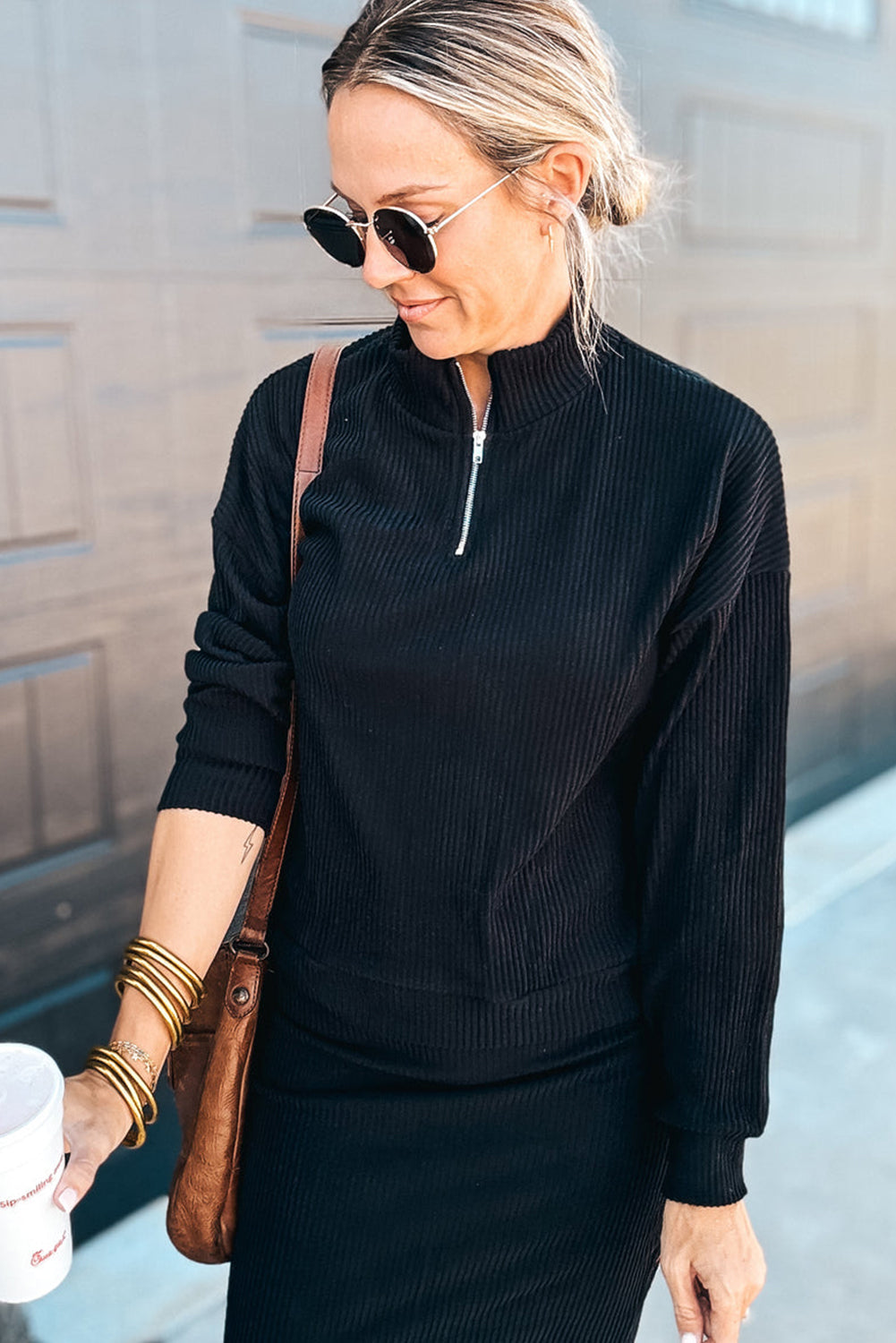 Black Ribbed Zip Neck Drop Shoulder Pullover Bodycon Skirt Set