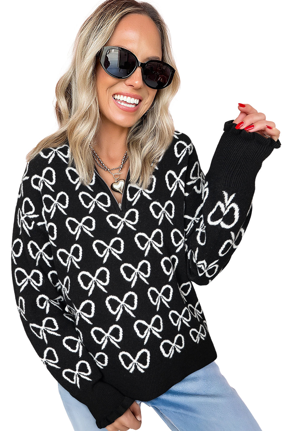 Black Cute Bow Pattern Drop Shoulder Zipped Collar Sweater