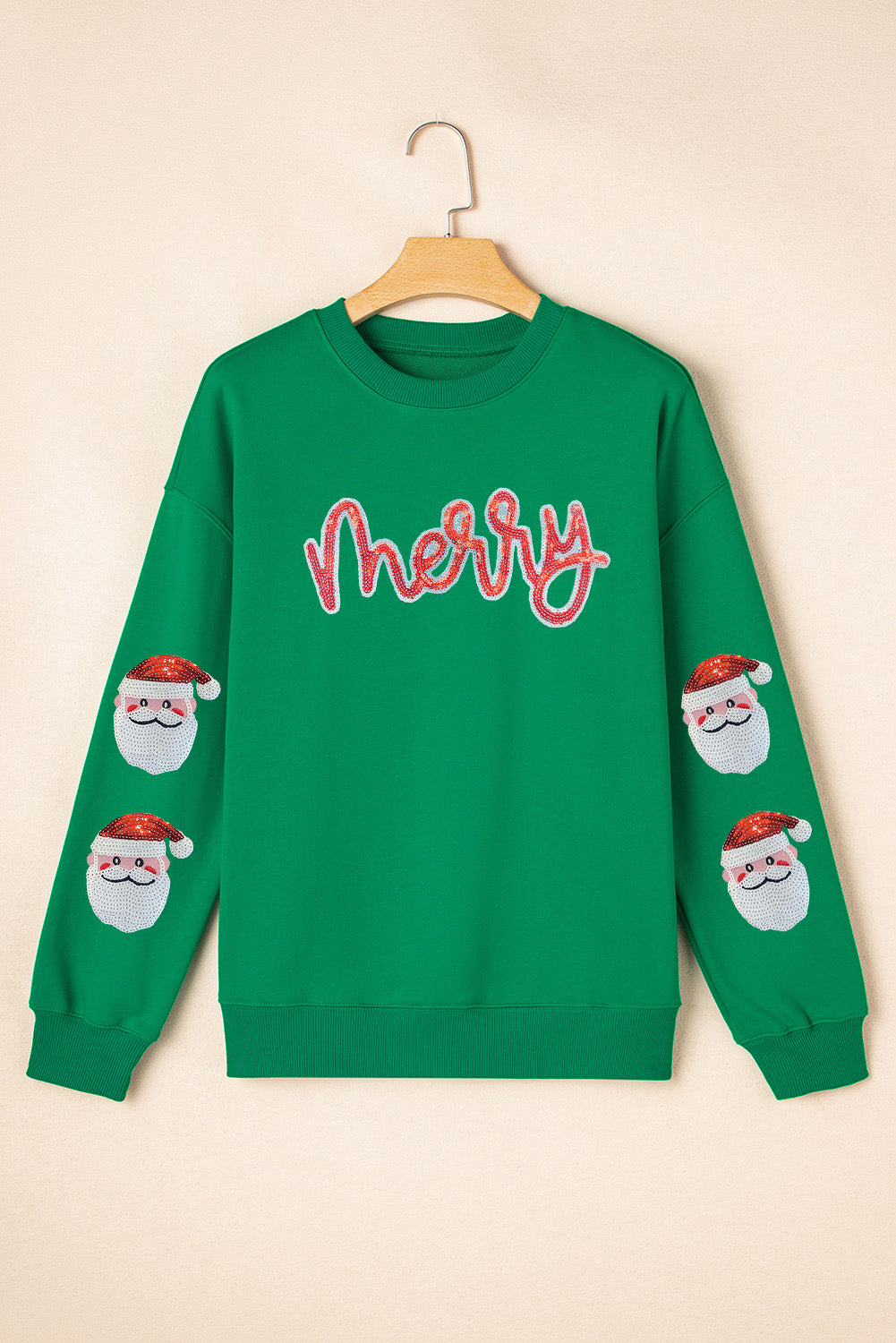 Dark Green Sequin Letter Graphic Christmas Patched Sweatshirt