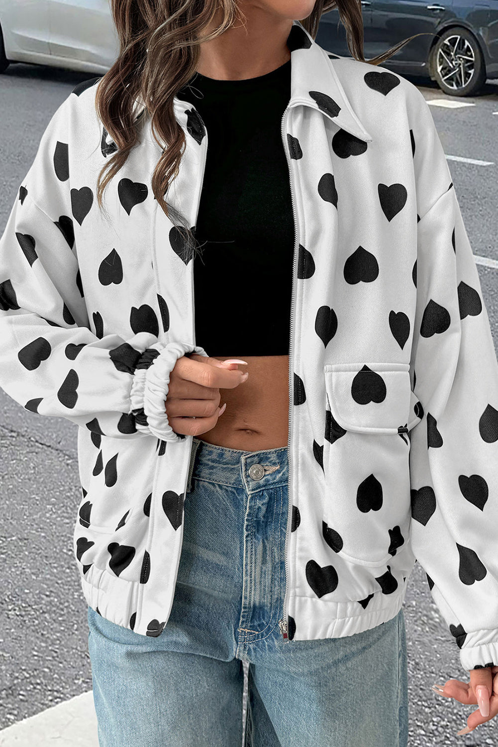 White Zipper Heart Print Collared Jacket