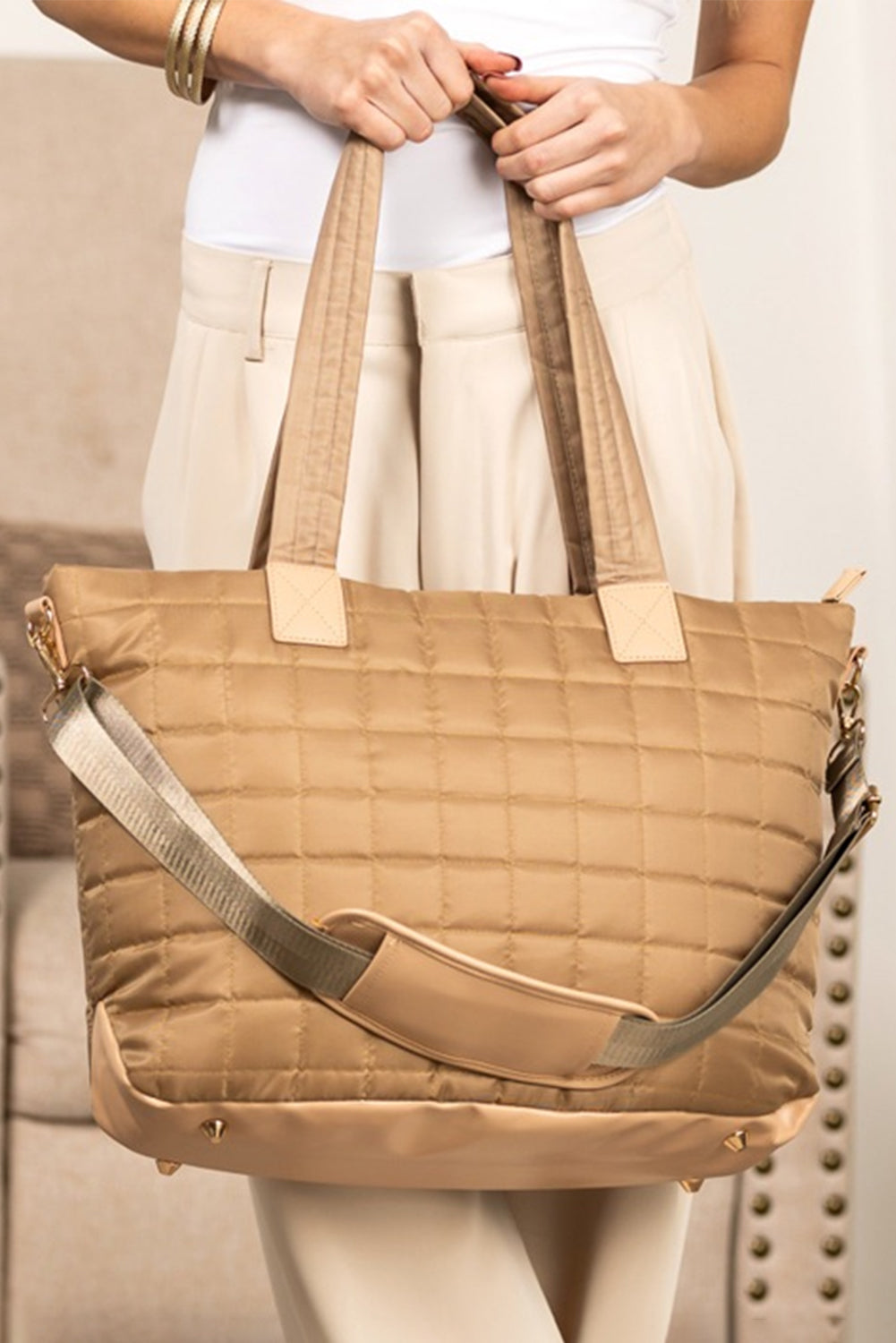 Camel Quilted Patchwork Large Tote Bag and Clutch 2pcs Set