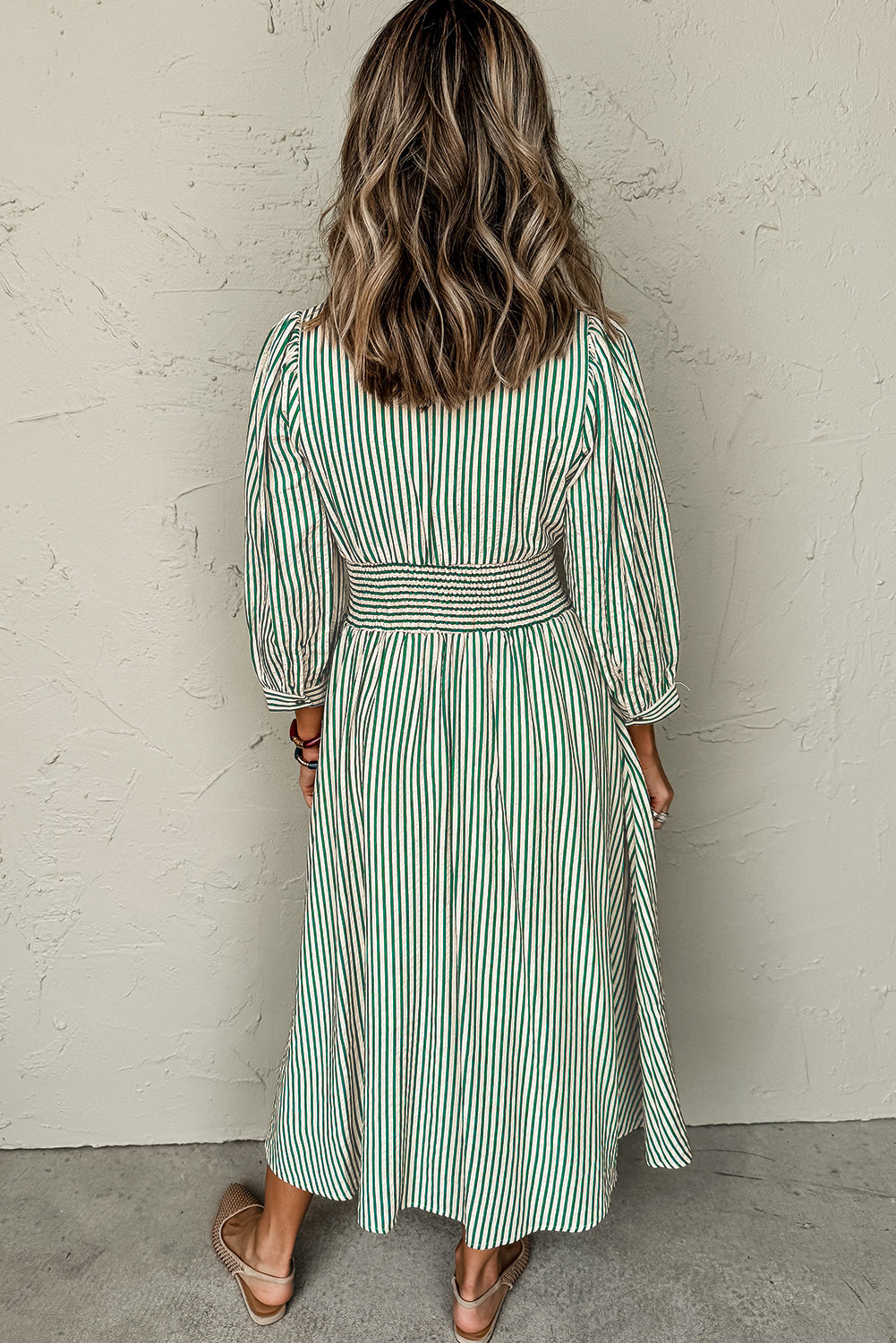 Black Striped V Neck Zip Front Cinched High Waist Midi Dress