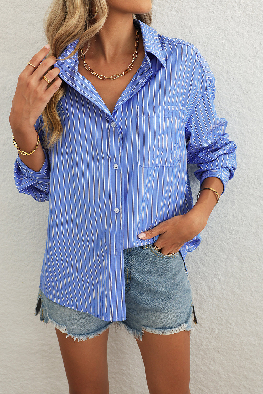 Sky Blue Stripe Button Up Oversized Casual Shirt