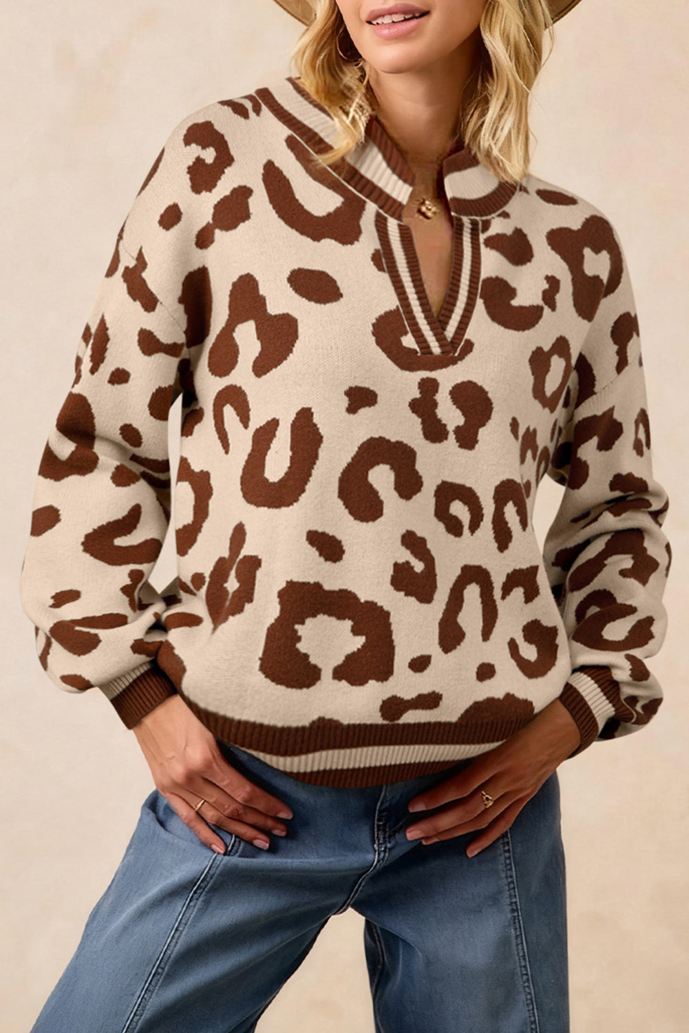Light French Beige Leopard Printed Knit V Neck Sweater