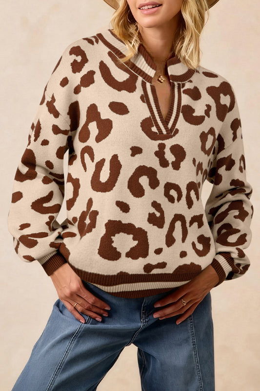 Light French Beige Leopard Printed Knit V Neck Sweater
