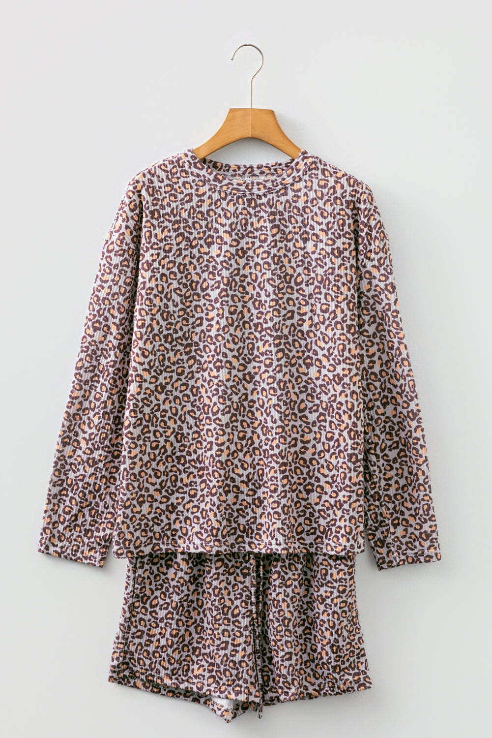 Khaki Leopard Ribbed Long Sleeve Top Drawstring Shorts 2pcs Outfit