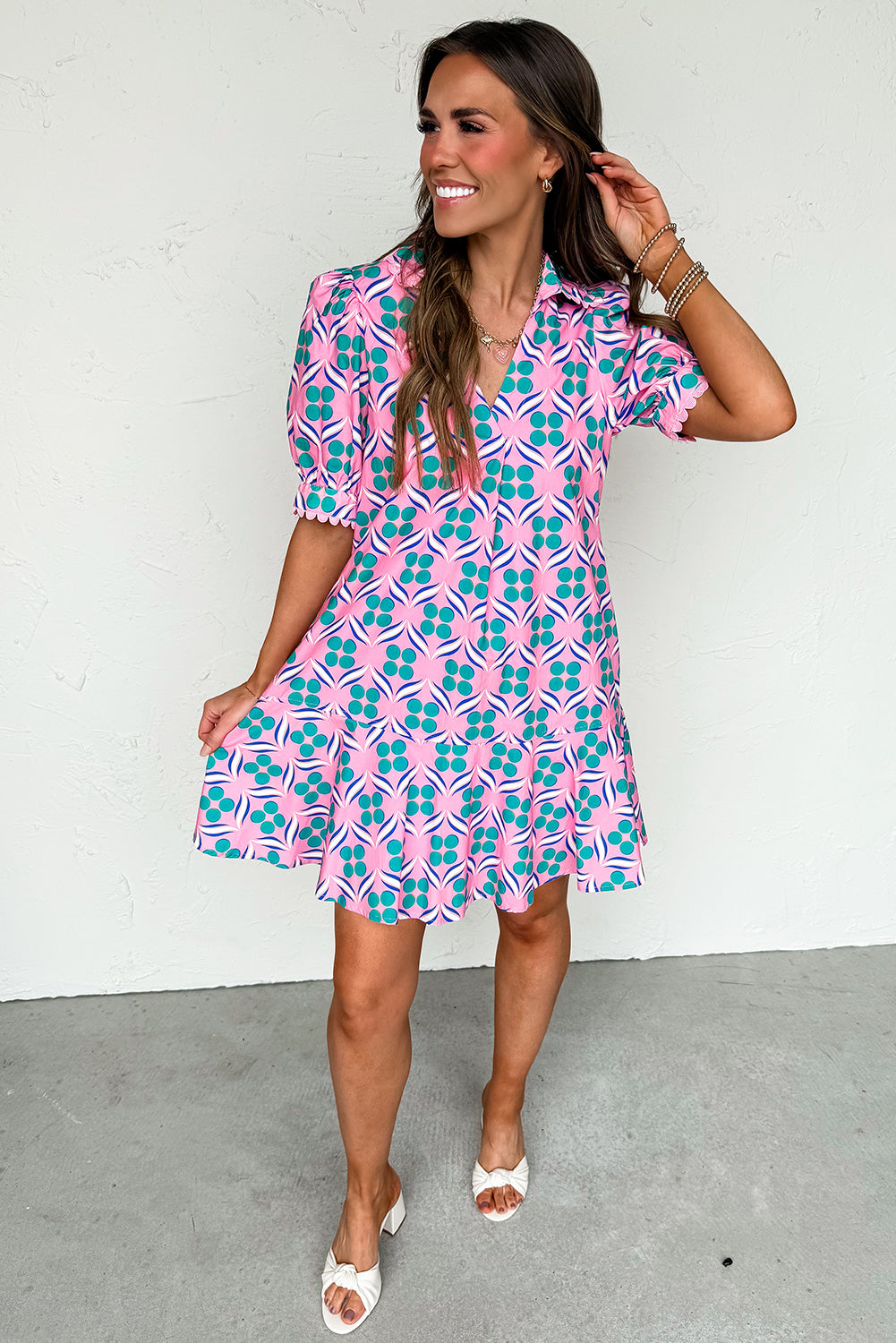 Pink Geometric Print V-Neck Ricrac Trim Mini Dress