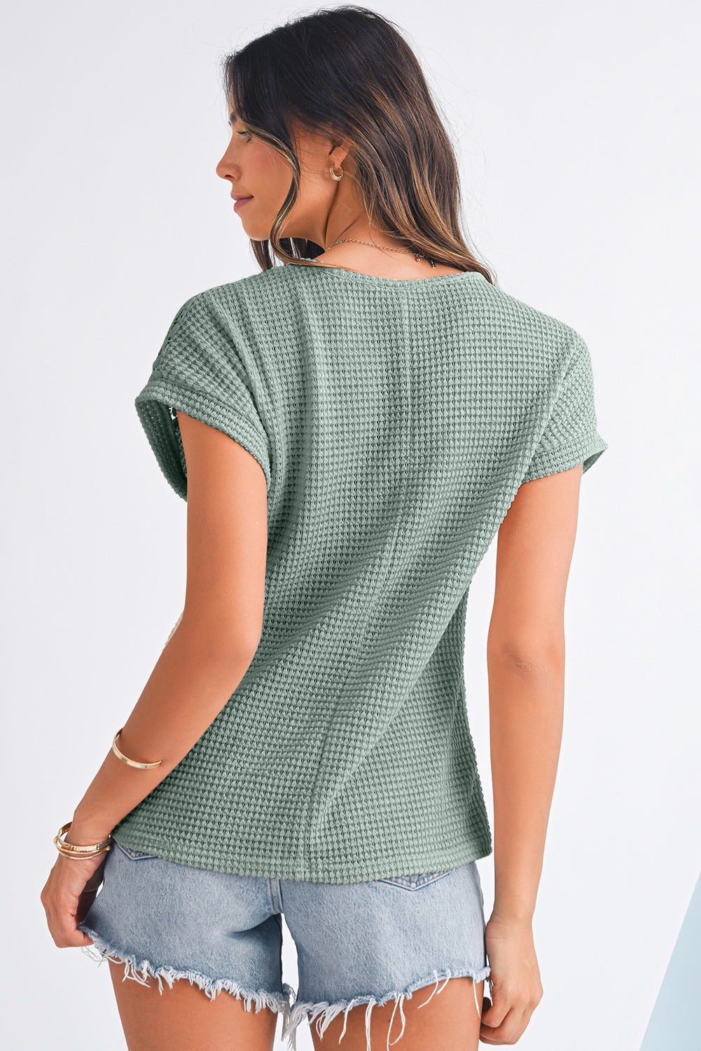 Mist Green Hollow Patchwork Waffle Knit Top