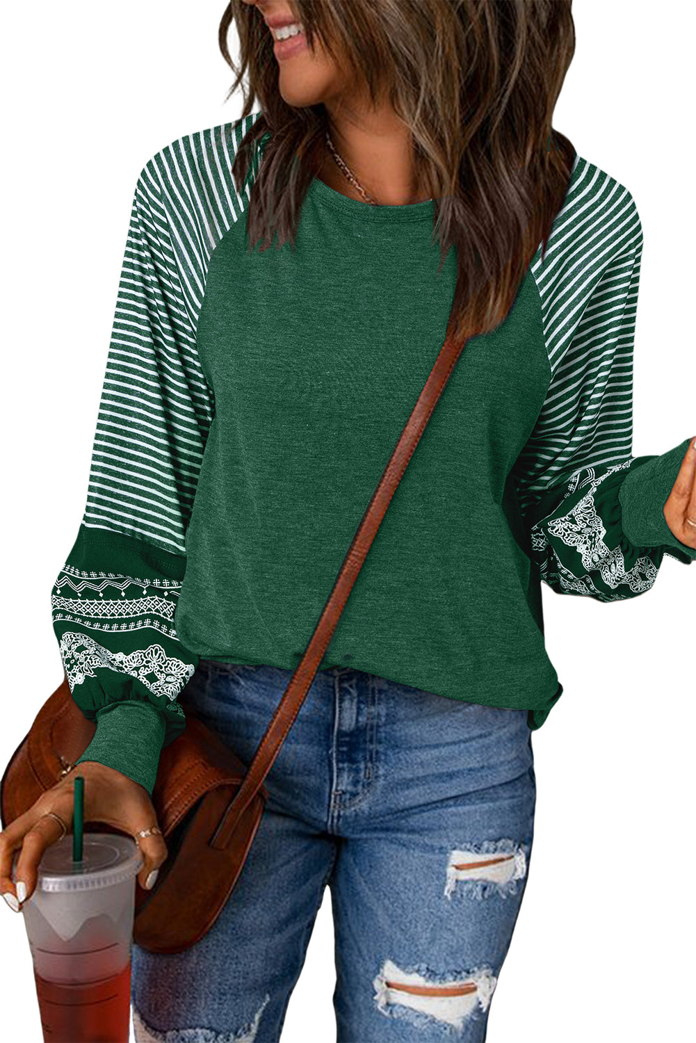Brown Contrast Print Striped Raglan Long Sleeve Loose Top