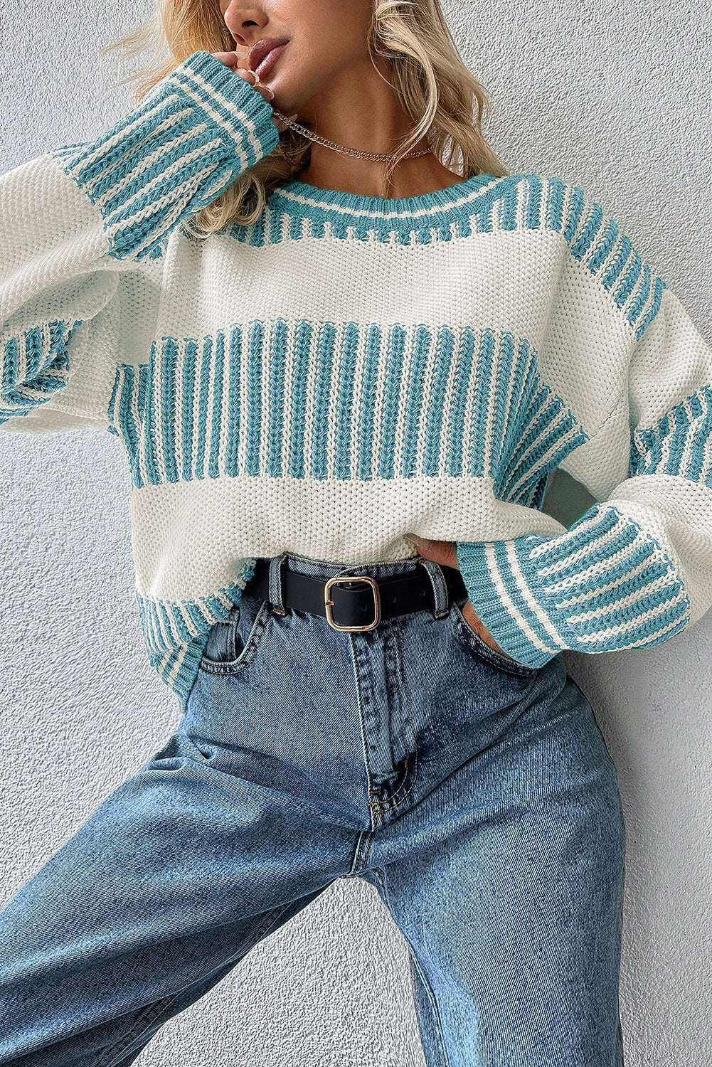 Brown Two Tone Striped Patchwork Drop Shoulder Sweater