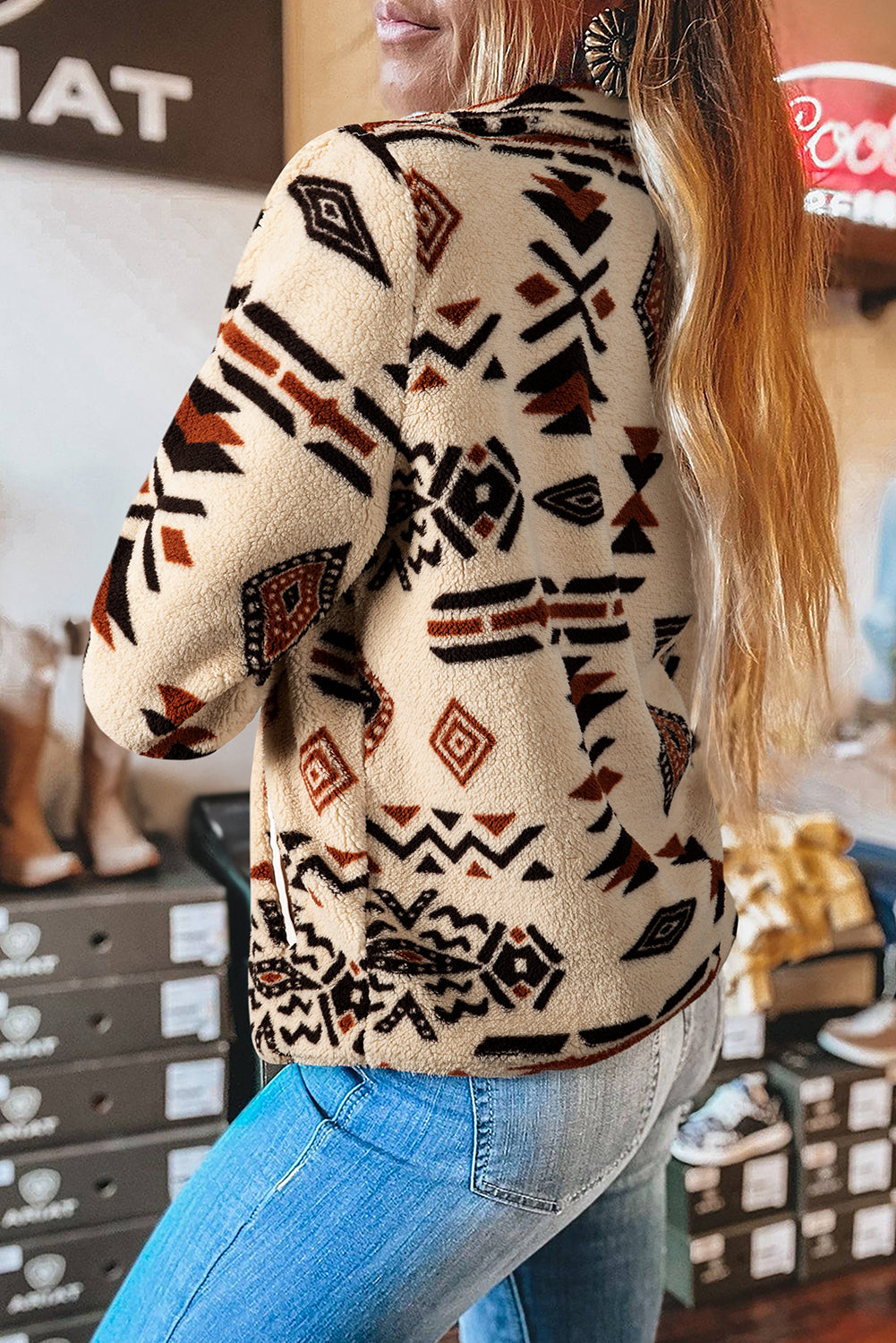 Black Vintage Geometric Half Zip Plush Sweatshirt