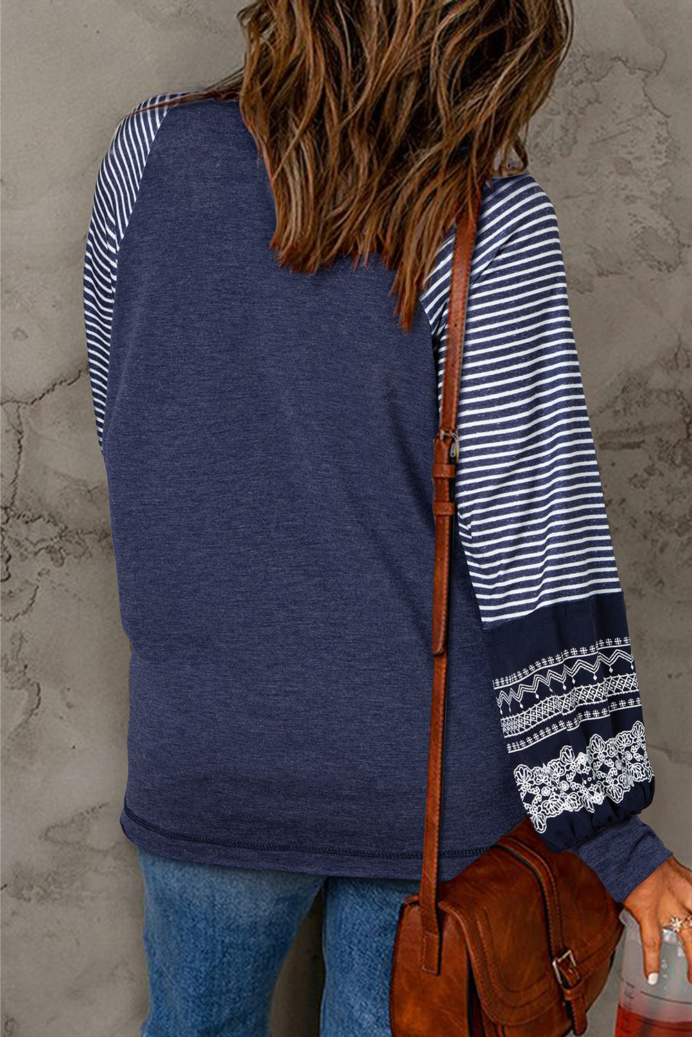 Brown Contrast Print Striped Raglan Long Sleeve Loose Top
