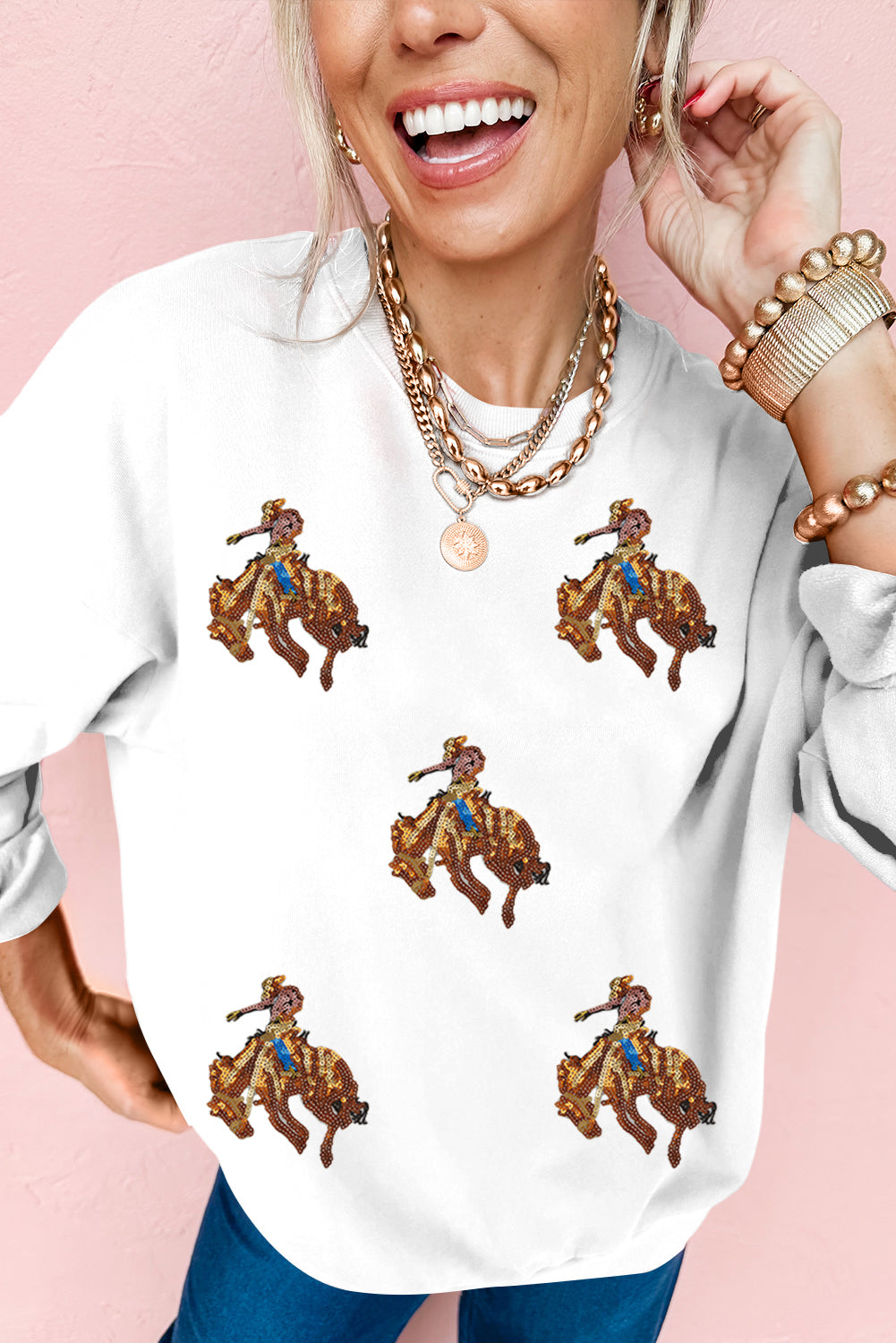 White Sequin Graphic Drop Shoulder Sweatshirt