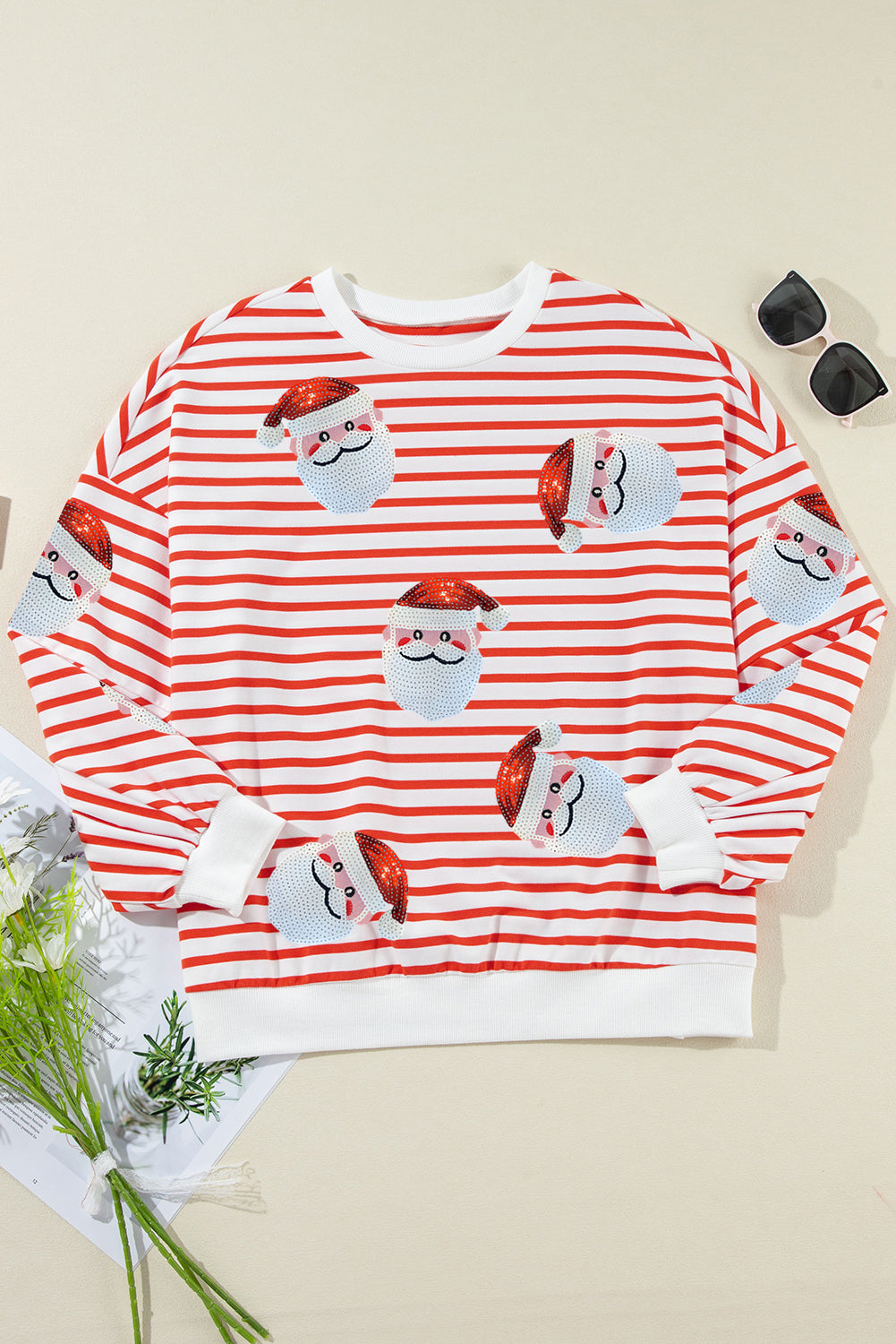 Orange Stripe Sequin Santa Claus Patch Application Loose Fitting Sweatshirt