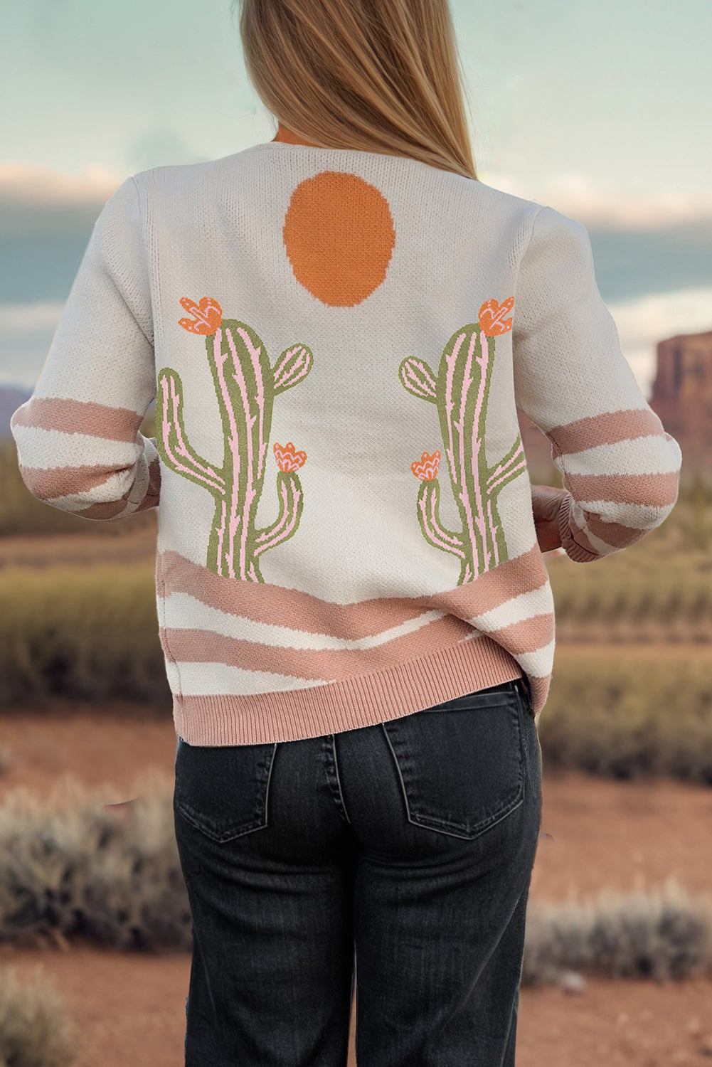 Apricot Cactus Pattern Button Front Knit Cardigan