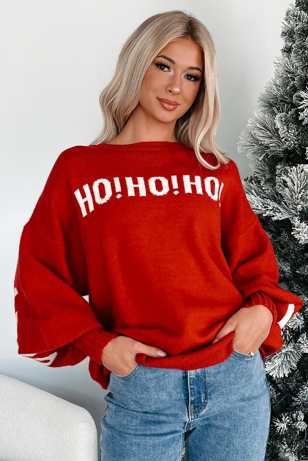 Red MERRY CHRISTMAS HO HO HO Drop Shoulder Loose Sweater