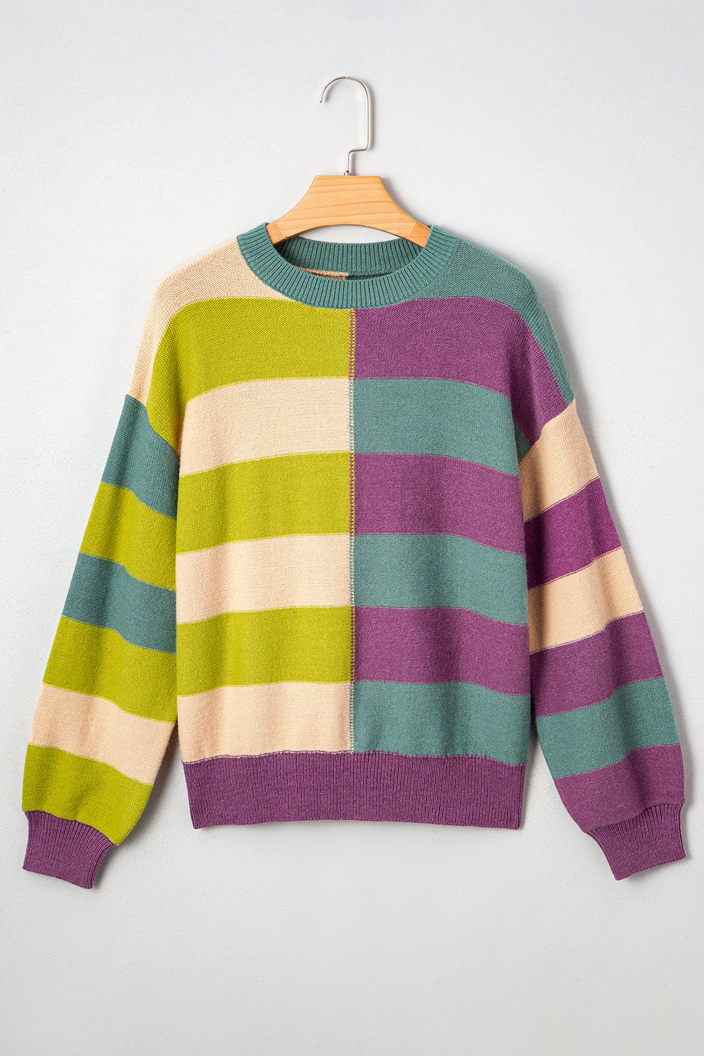 Green Stripe Colorblock Drop Shoulder Ribbed Edge Sweater