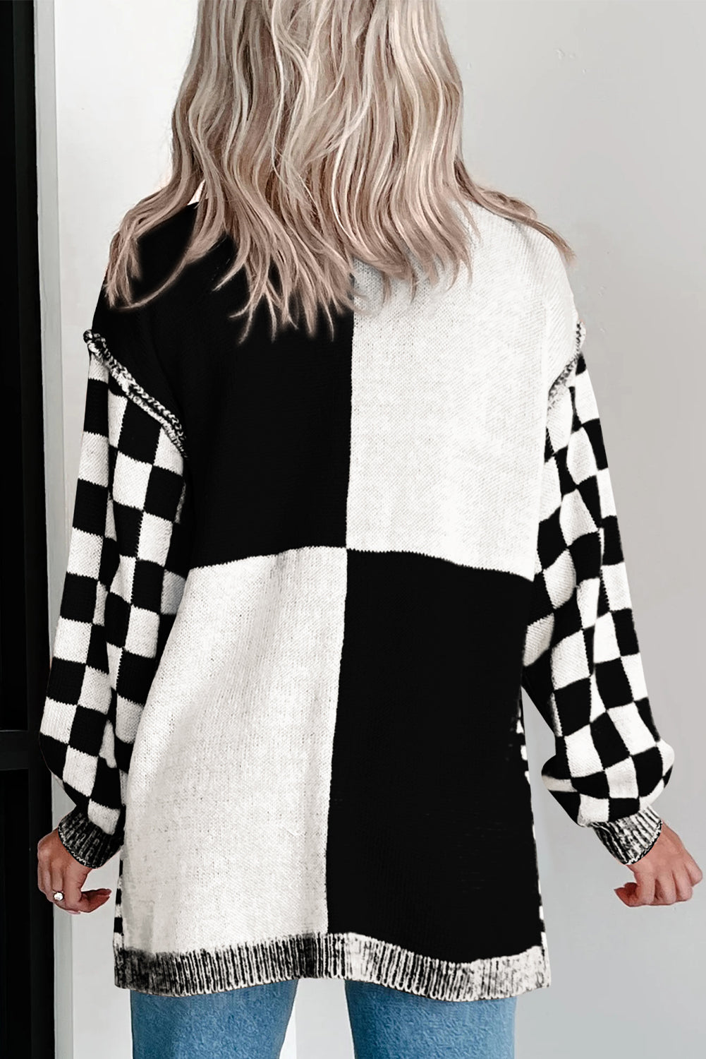 Black Checkered Open Front Drop Shoulder Cardigan