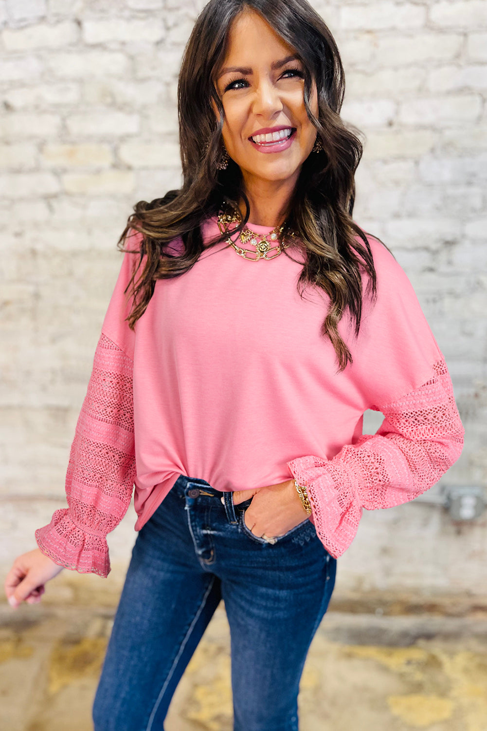 Sachet Pink Lace Patchwork Sleeve Loose Sweatshirt