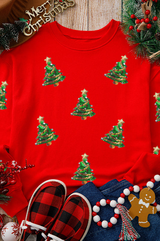 Red Sequin Christmas Tree Graphic Patch Application Drop Shoulder Sweatshirt