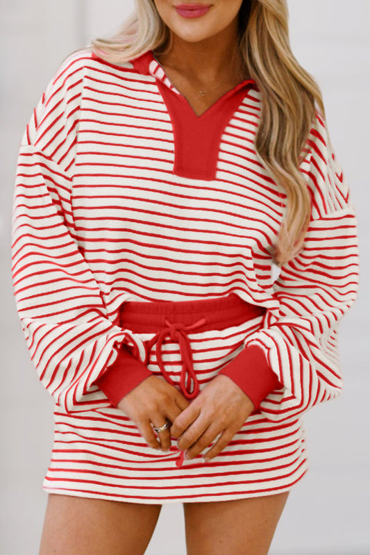 Red Stripe Collared V Neck Drop Shoulder Pullover and Skirt Set