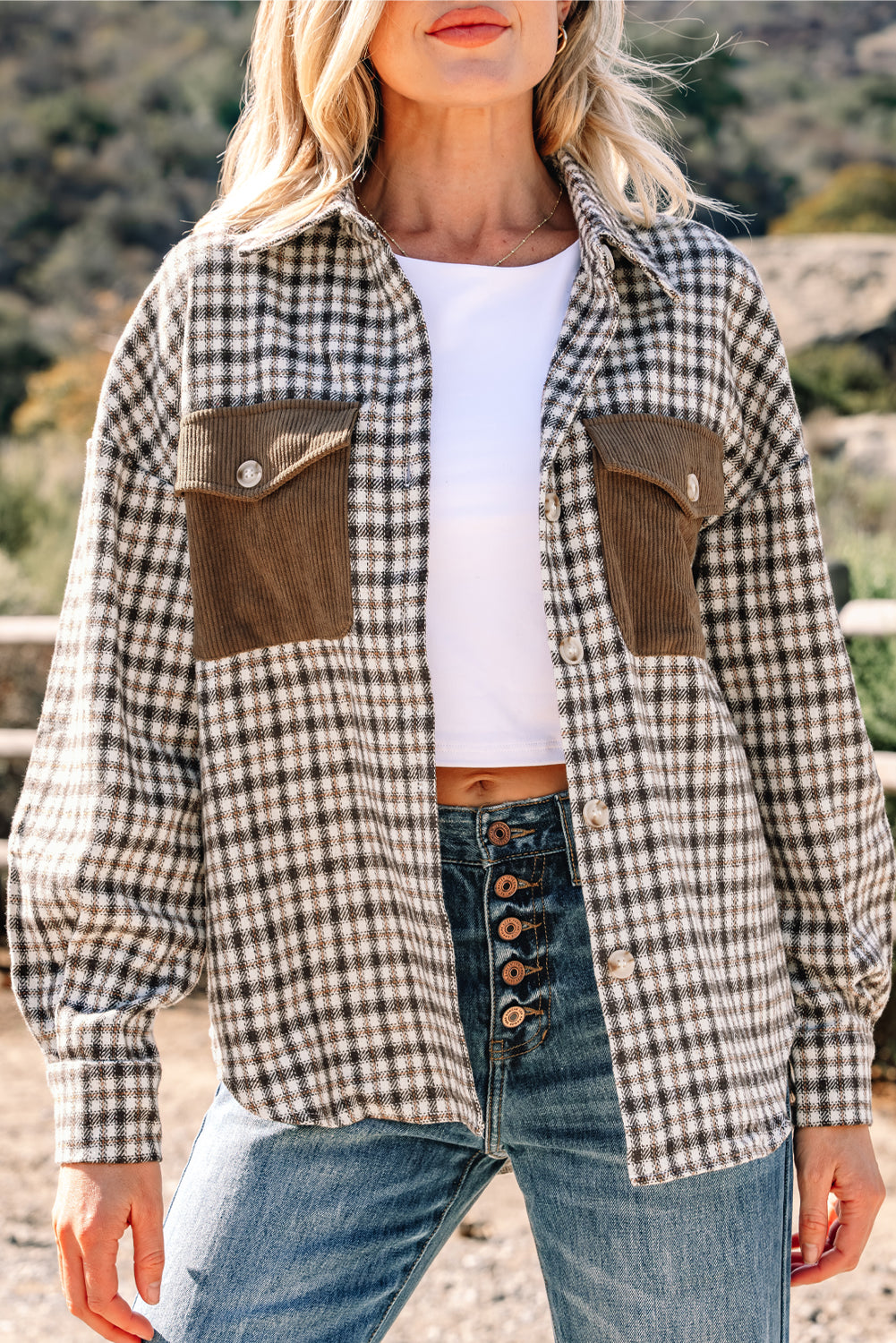 Corduroy Flap Pocket Patchwork Plaid Shacket