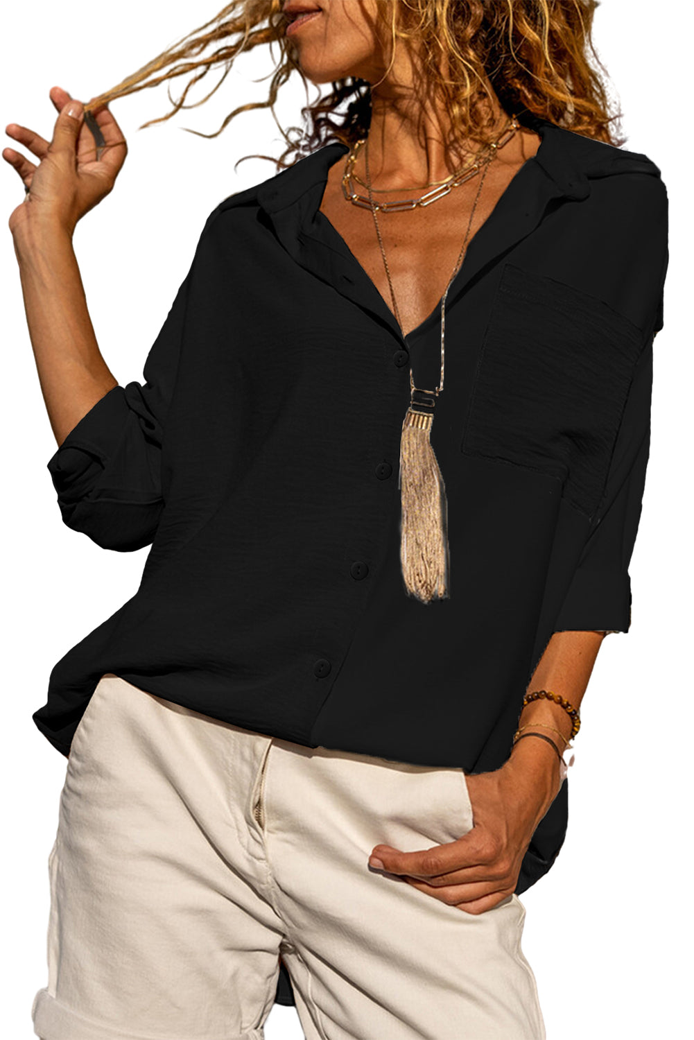 Black Crinkle Pocket Half Sleeve Shirt