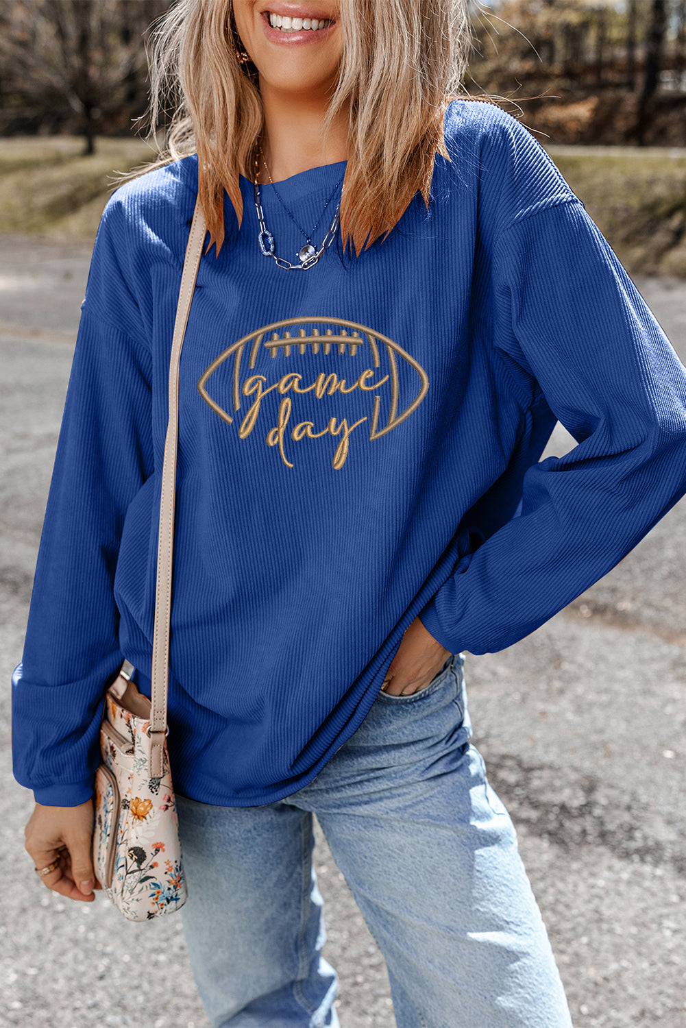 Dark Blue Football Graphic Drop Shoulder Game Day Corded Sweatshirt