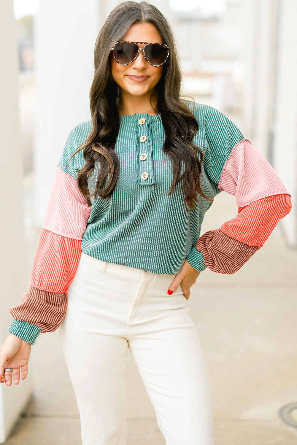 Multicolour Twisted Ribbed Colorblock Patchwork Henley Top