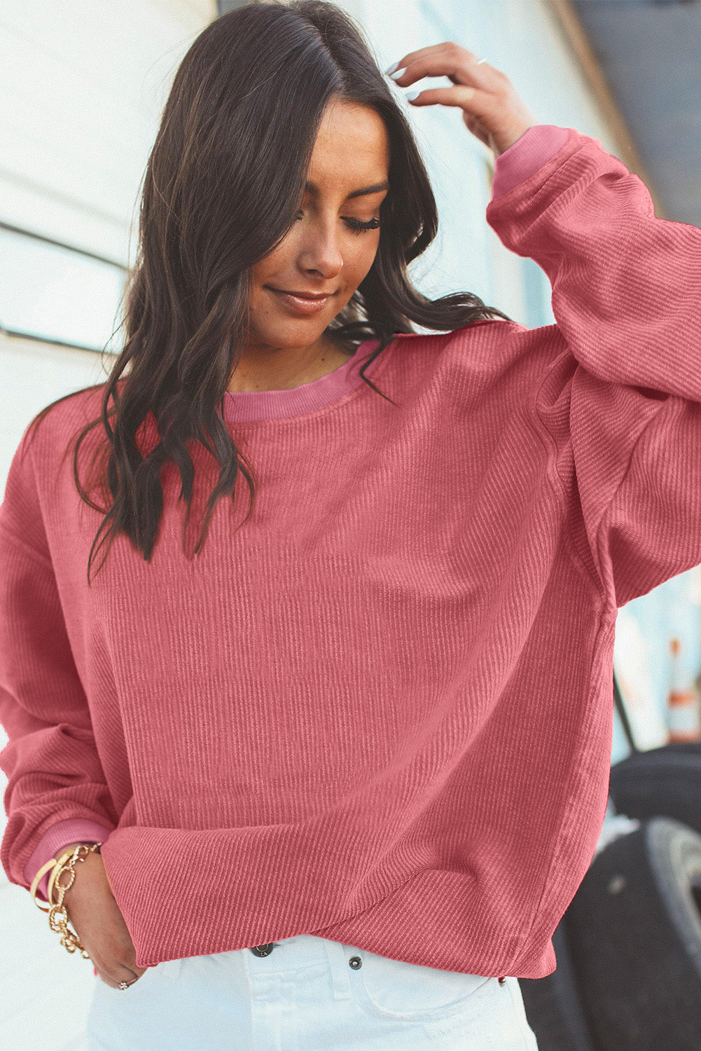 Light Pink Plain Drop Sleeve Crinkle Rib Oversized Sweatshirt