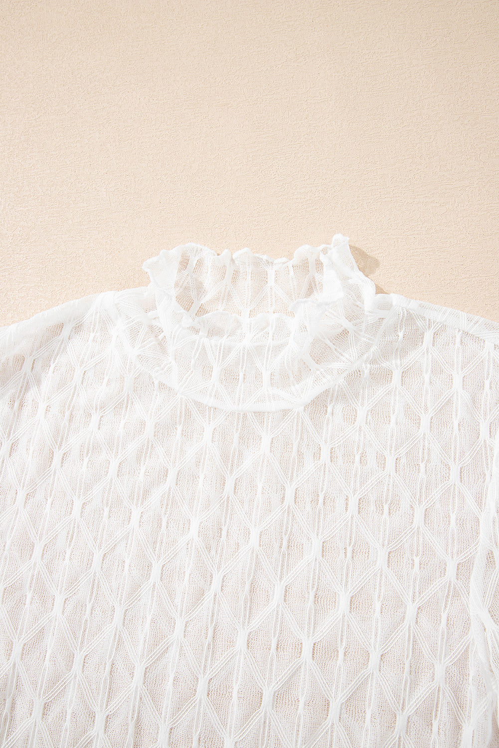 Coffee Sheer Mesh Lettuce Trim Slim Long Sleeve Top