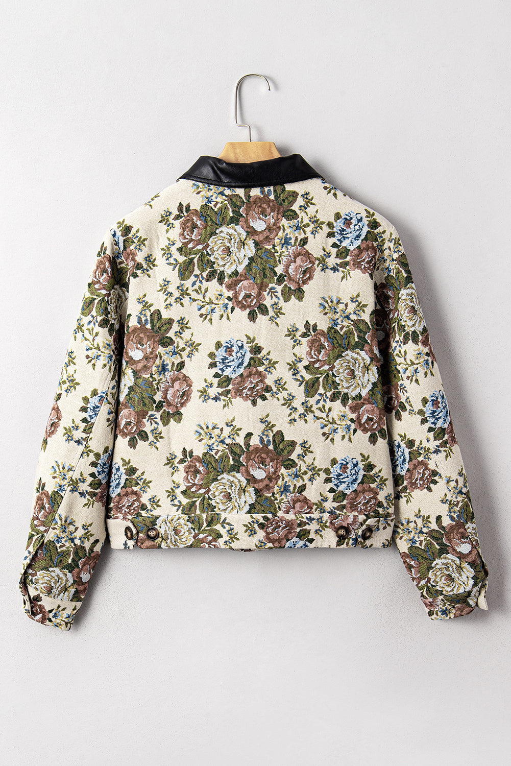 Khaki Floral Print Zip Up Contrast Collared Jacket