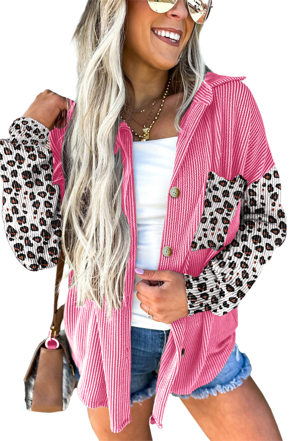 Rose Red Leopard Patchwork Twisted Ribbed Casual Shacket