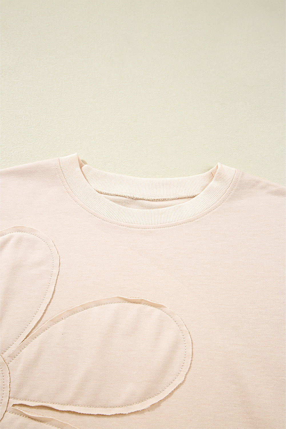 Smoke Green Raw Edge Flower Patch Drop Shoulder Long Sleeve Top