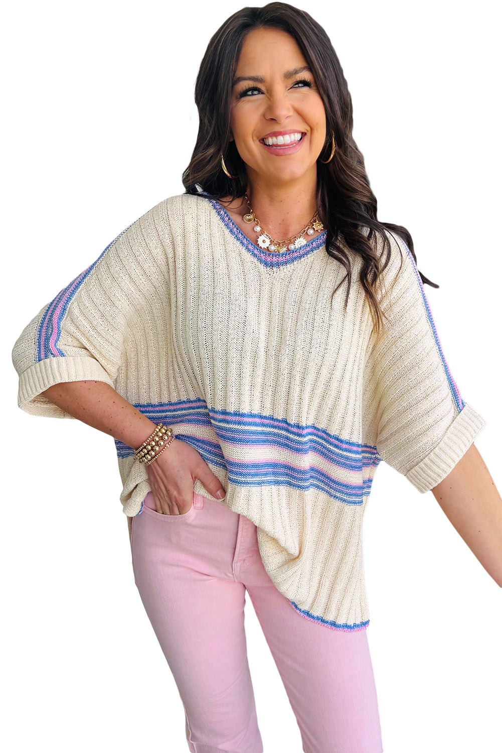 White Striped V Neck Dolman Sleeve Knit Sweater