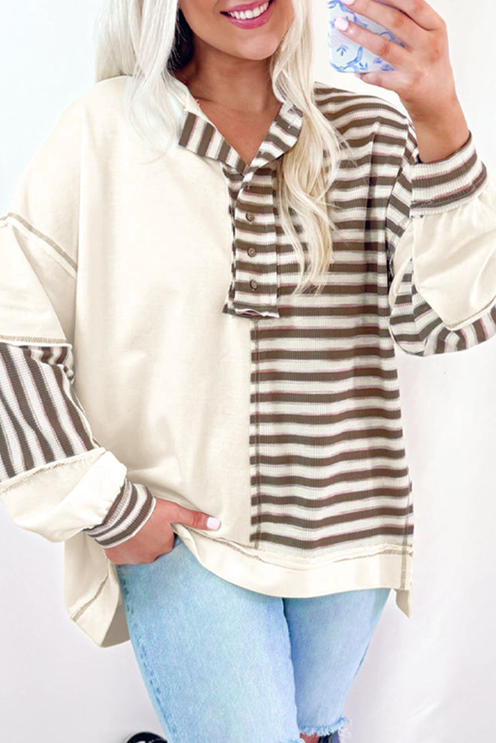Khaki Striped Patchwork Oversized Pullover Top