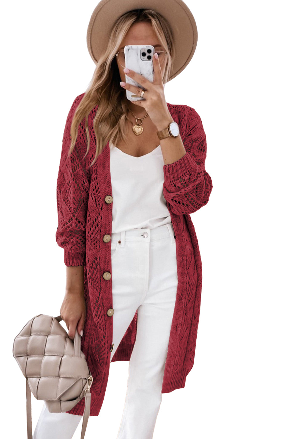 Red Button Up Hollow Out Loose Long Cardigan