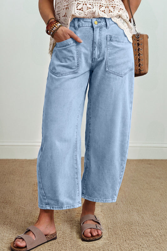 Beau Blue Solid Color Square Patch Pocket Ankle-length Barrel Jeans