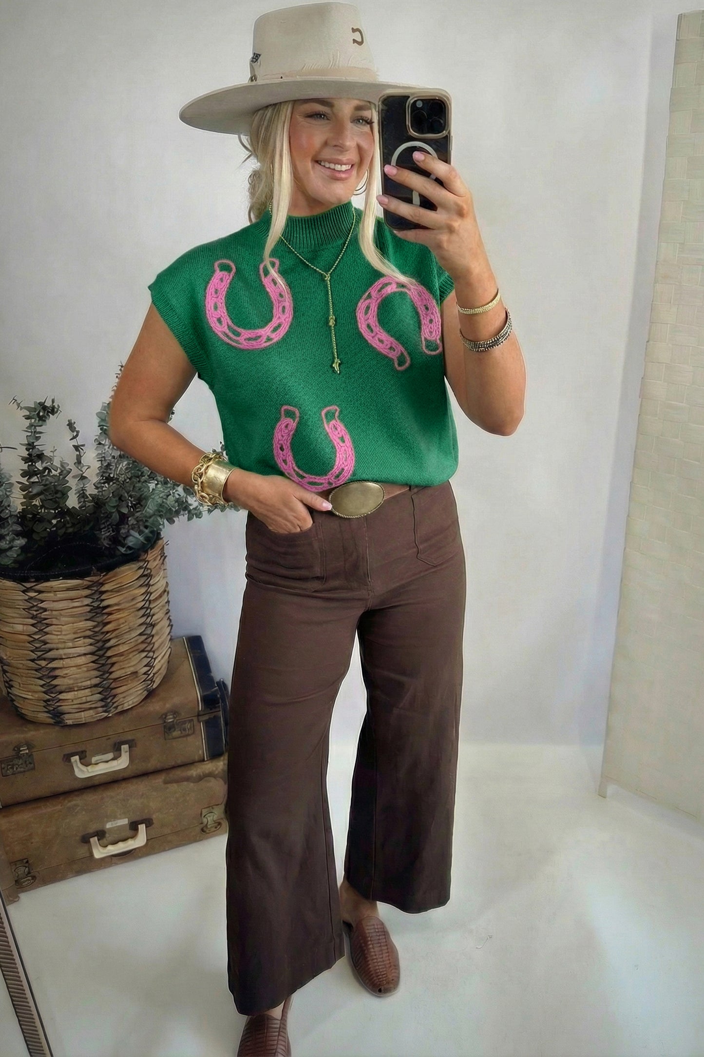 Bright Corded Horseshoes Ribbed Trim Mock Neck Short Sleeve Sweater